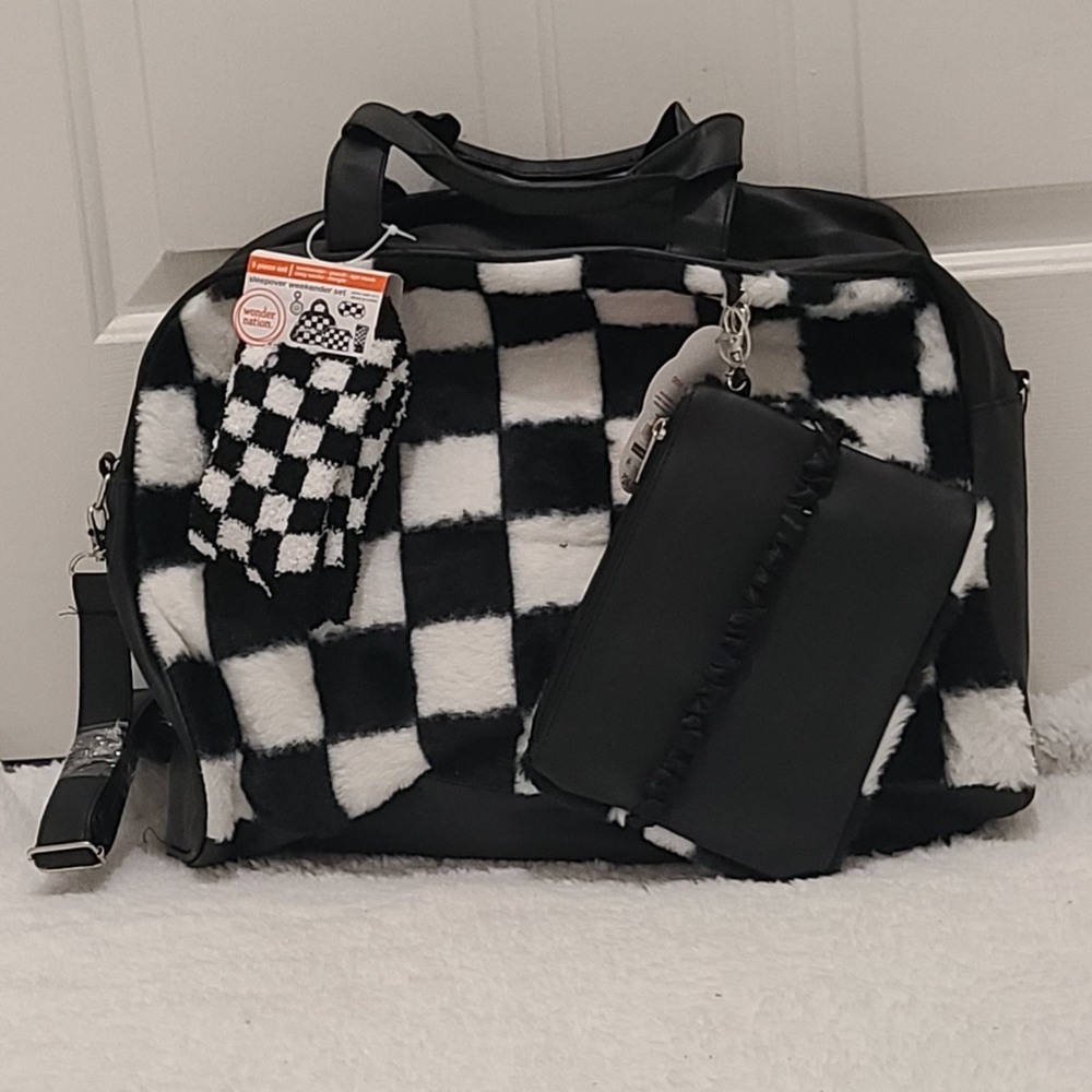 Wonder Nation 5 Piece Black White Checked Faux Fur Vegan Leather Duffle Bag Set - Picture 4 of 6